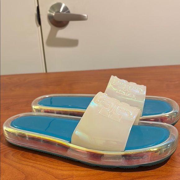 Iridescent Tory Burch Slides with Blue Soles - Picture 3 of 7